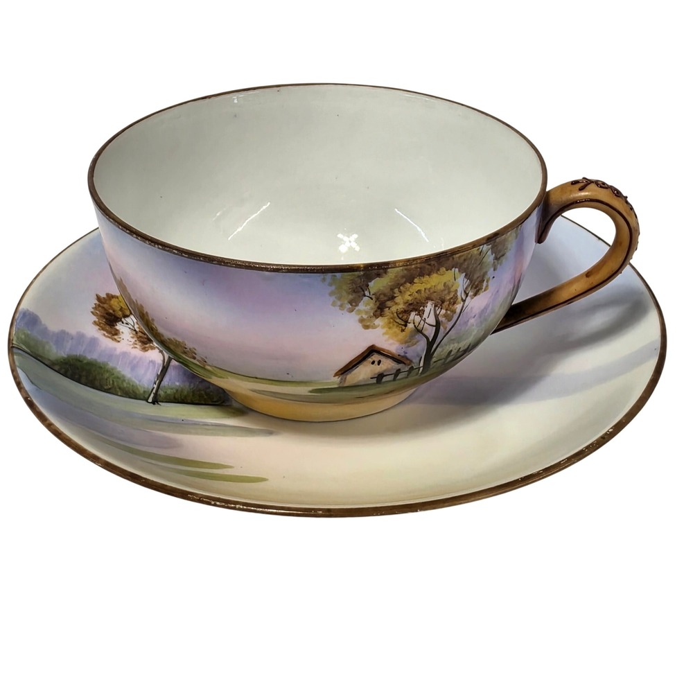 Antique Nippon Hand Painted Porcelain Tea Cup Saucer Landscape Cottage Japan